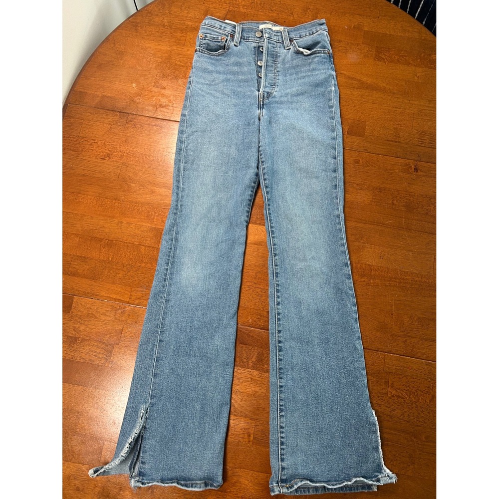Levi Ribcage Boot Jeans Women 28 Blue High Rise Button Fly Raw Hem Slit